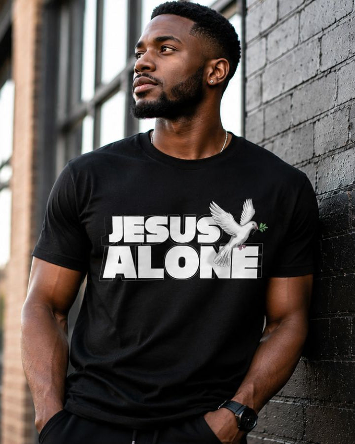 Man wearing a black Jesus Alone Christian T-shirt with dove graphic from Jesus Alone Apparel