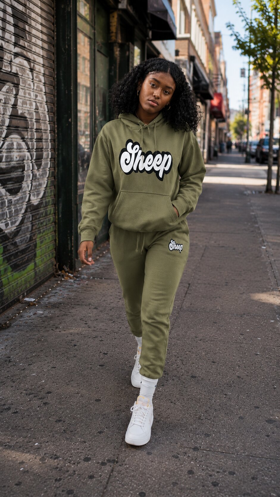 Woman wearing an olive green Sheep Christian hoodie and joggers from Jesus Alone Apparel