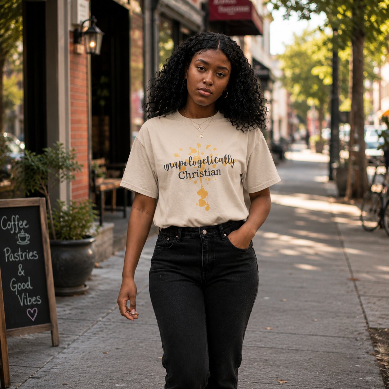 Woman wearing a beige Unapologetically Christian T-shirt from Jesus Alone Apparel
