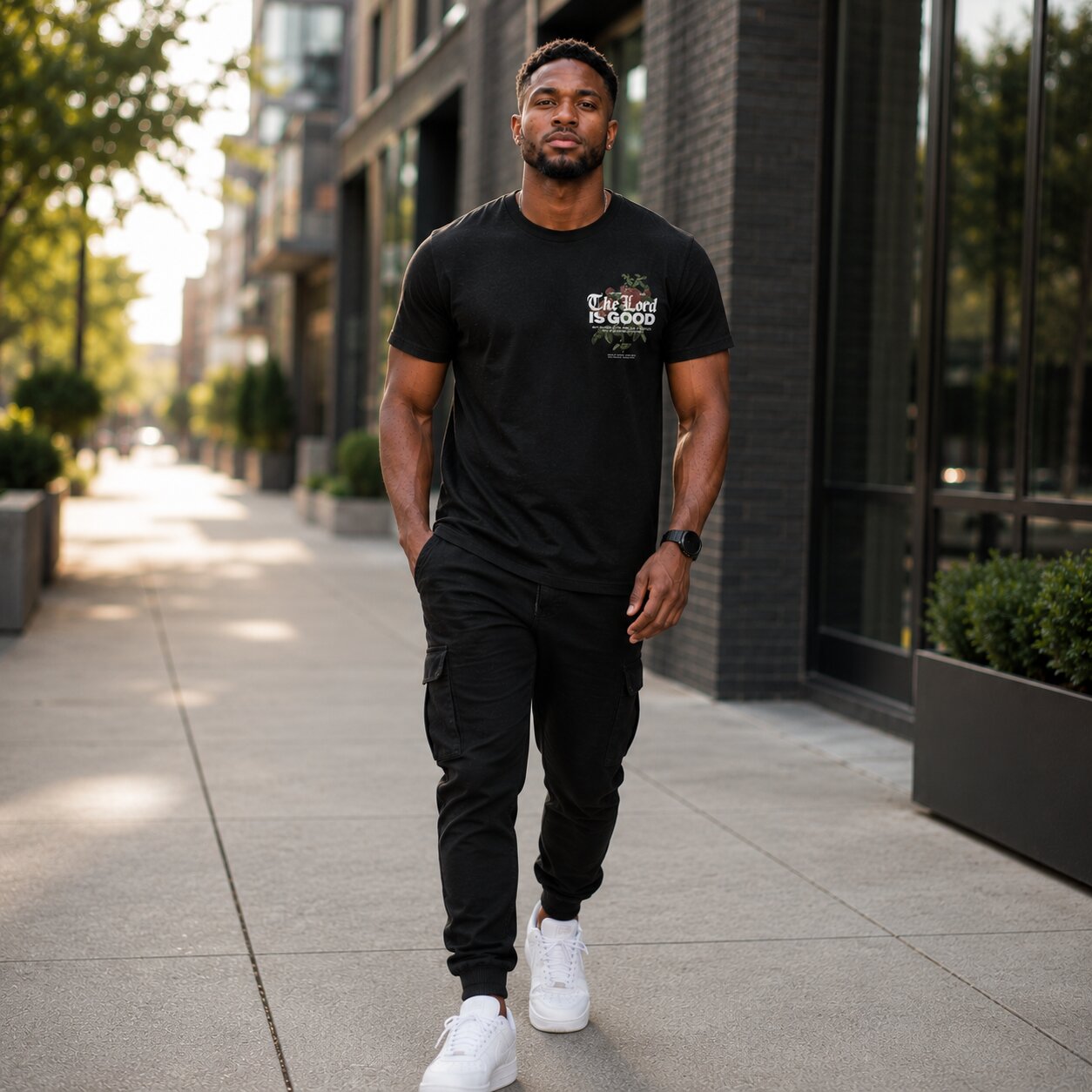 Man wearing a black The Lord Is Good Christian T-shirt from Jesus Alone Apparel